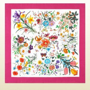 Gucci Silk Wrap Flora Print Logo White Multicolor Pink Border Scarf